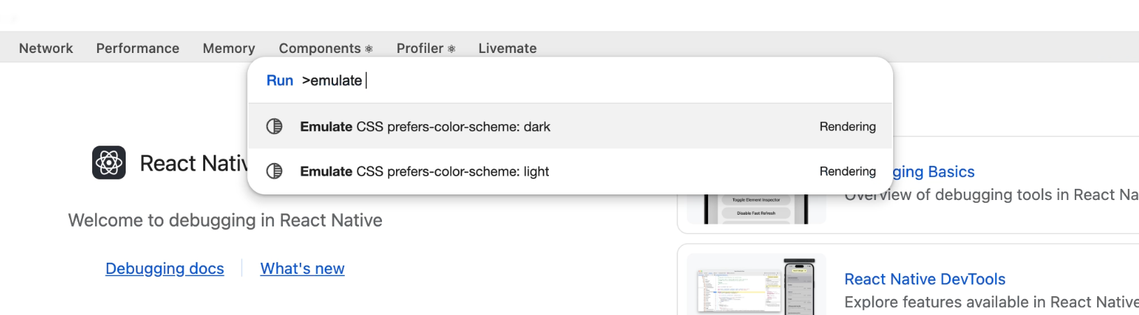 React Native DevTools Command Palette showing the light/dark mode emulation options