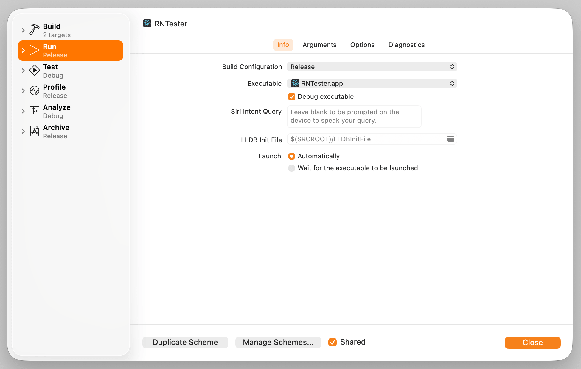 Xcode Release Scheme configuration
